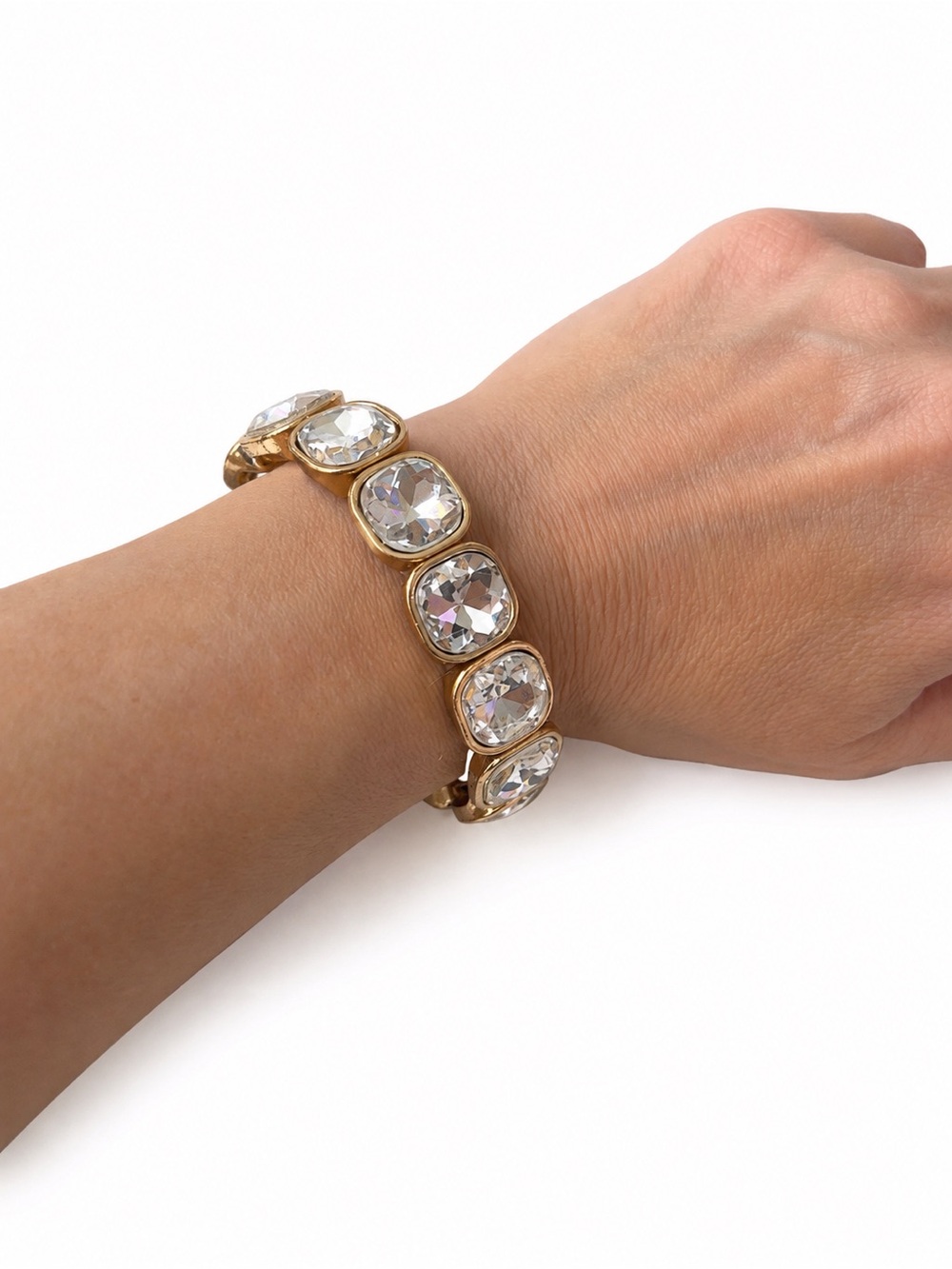Gold Tone Clear Crystal Cushion Cut Stretch Statement Bracelet